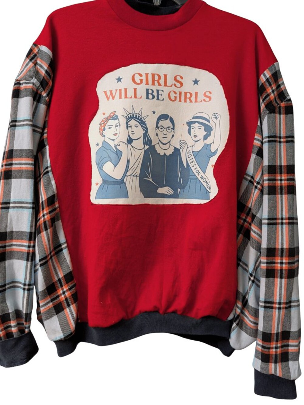 Upcycled Girls Will Be Girls Sweatshirt XL Plaid Sleeve Feminist Graphic Cozy